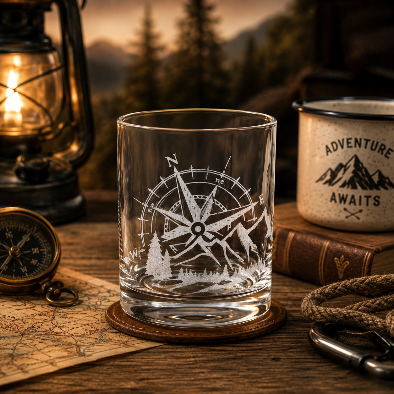 graviertes Whisky-Rum-Glas mit graviertem Kompass mit Bergen