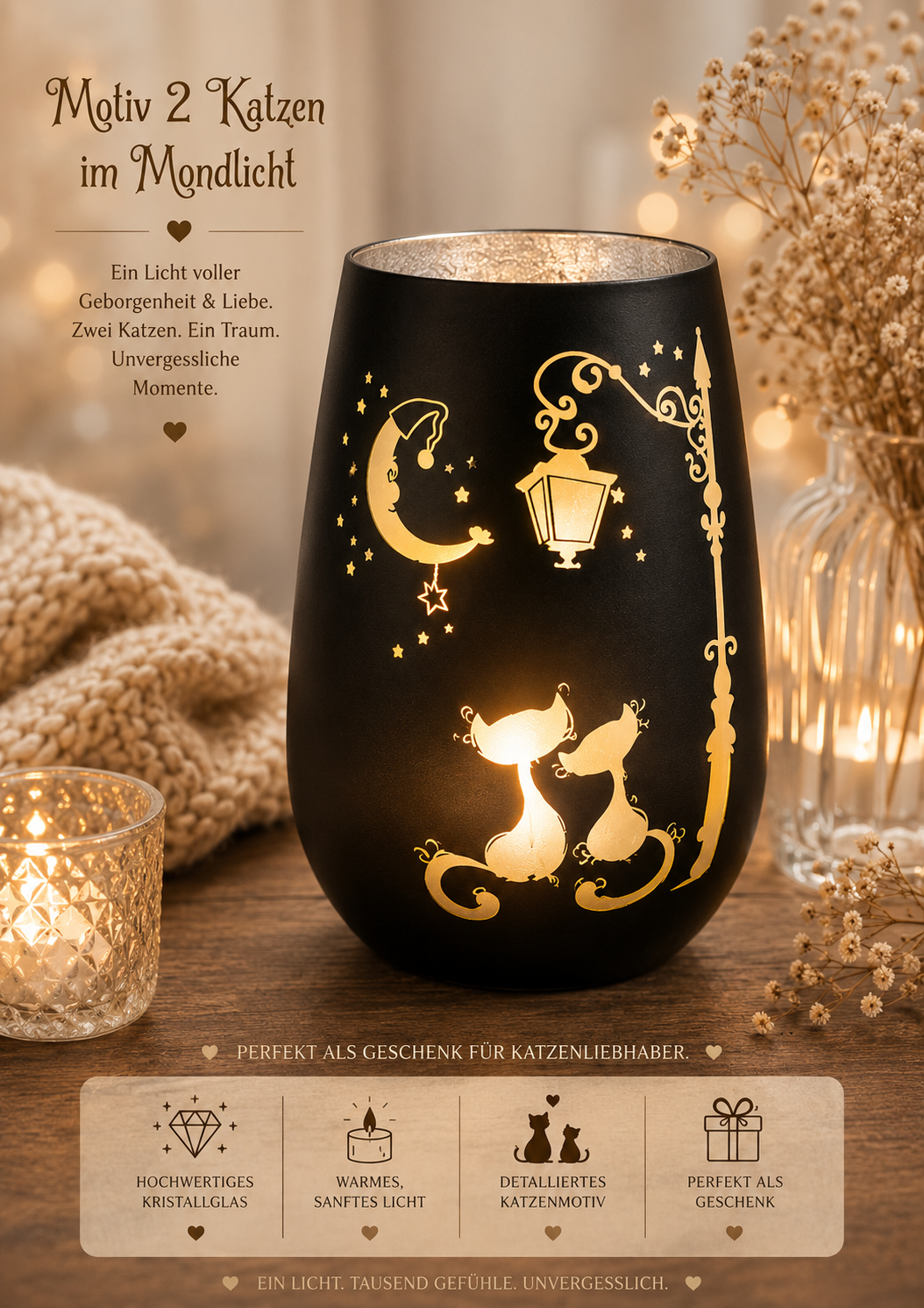 Personalisiertes Hochzeitsglas Katzen mit Mond