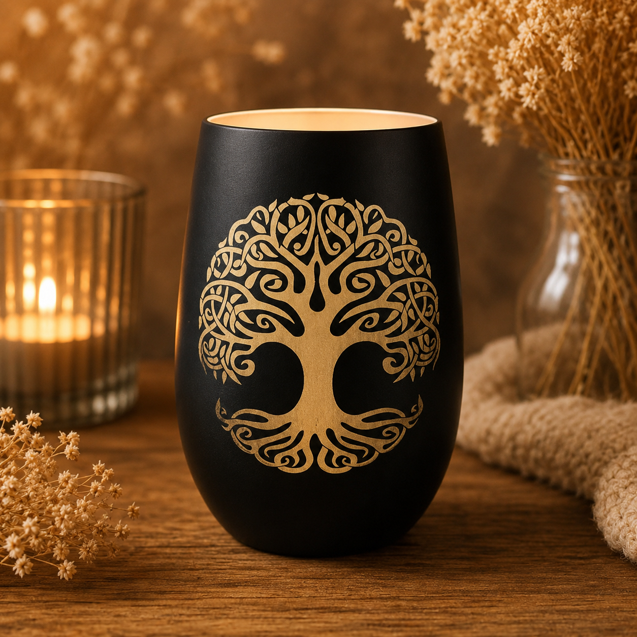 Weltenbaum Windlicht Schwarz Gold – Yggdrasil Baum des Lebens | Nordische Deko | Wikinger Geschenk | Magisches Teelichtglas