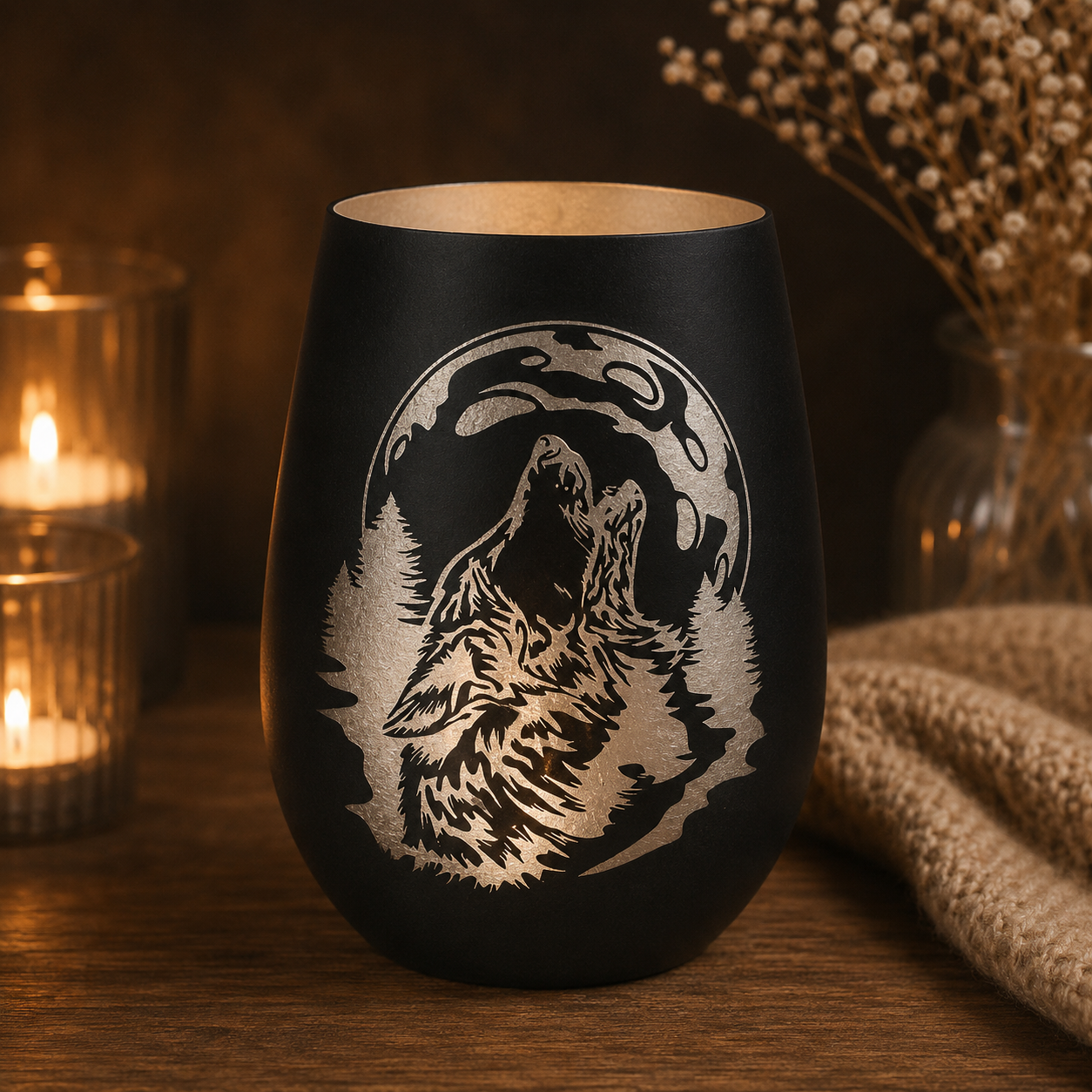 Exklusives Wolf Windlicht aus Glas – stilvolle Männerdeko