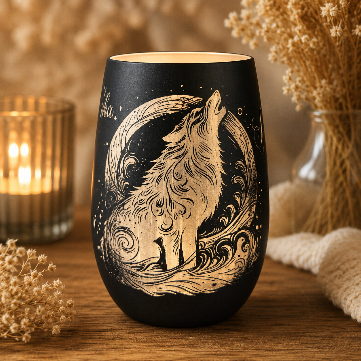 Majestätisches Wolf-Windlicht ,Symbol für Stärke & Freiheit