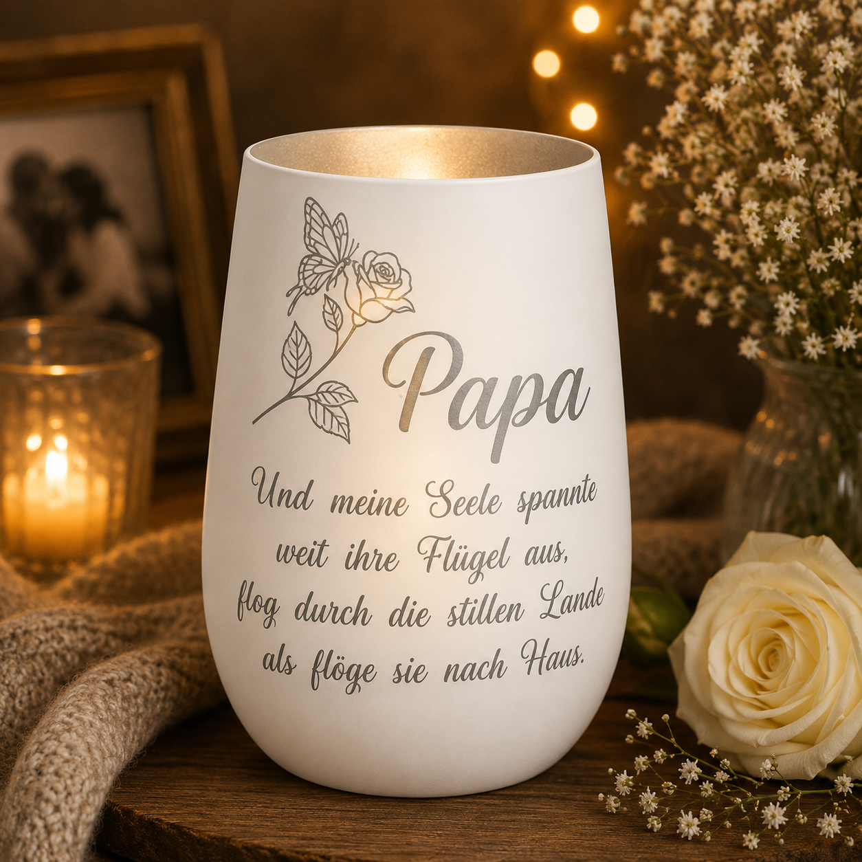 Personalisiertes Trauerlicht Rose Schmetterling | Erinnerungslicht mit Name