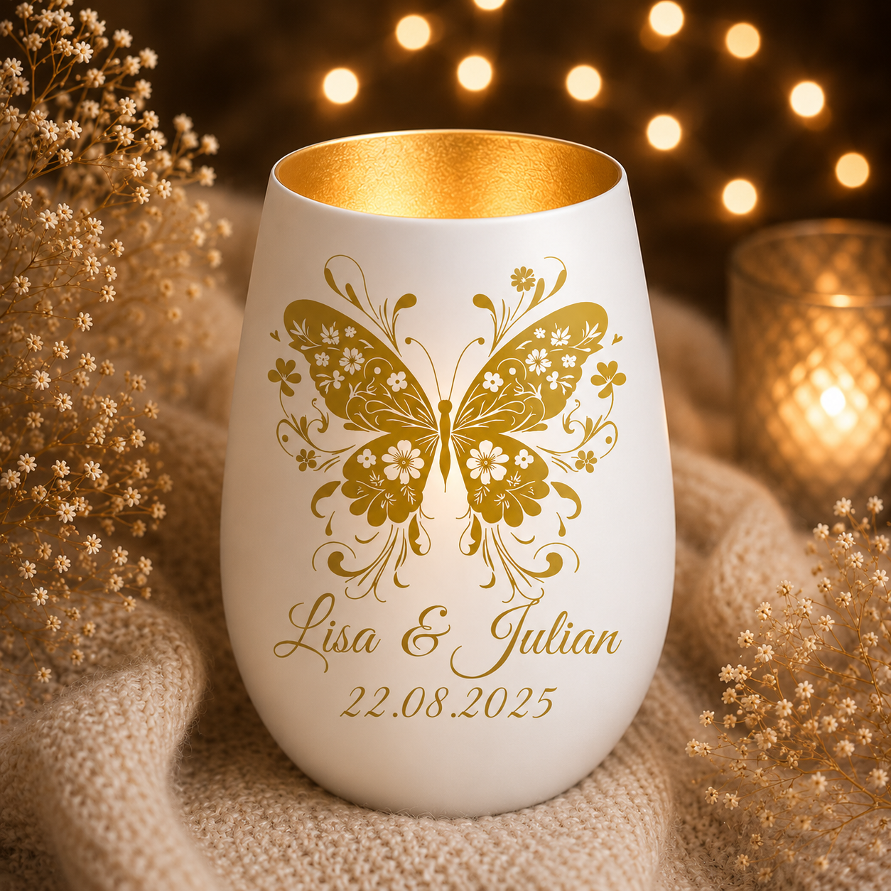Glanzvolles personalisiertes Windlicht mit Schmetterling