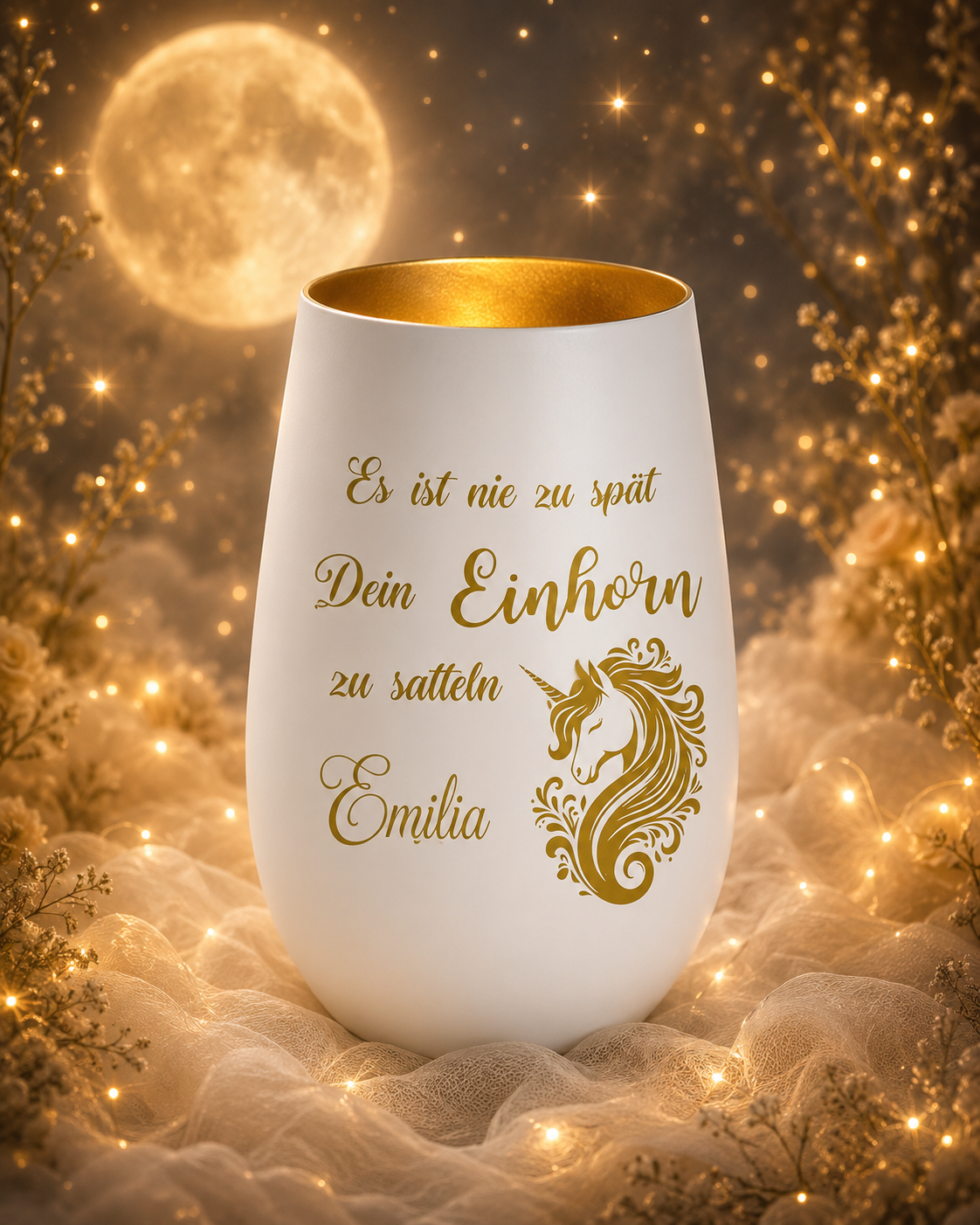 Zauberhaftes  Einhorn Windlicht Weiß Gold