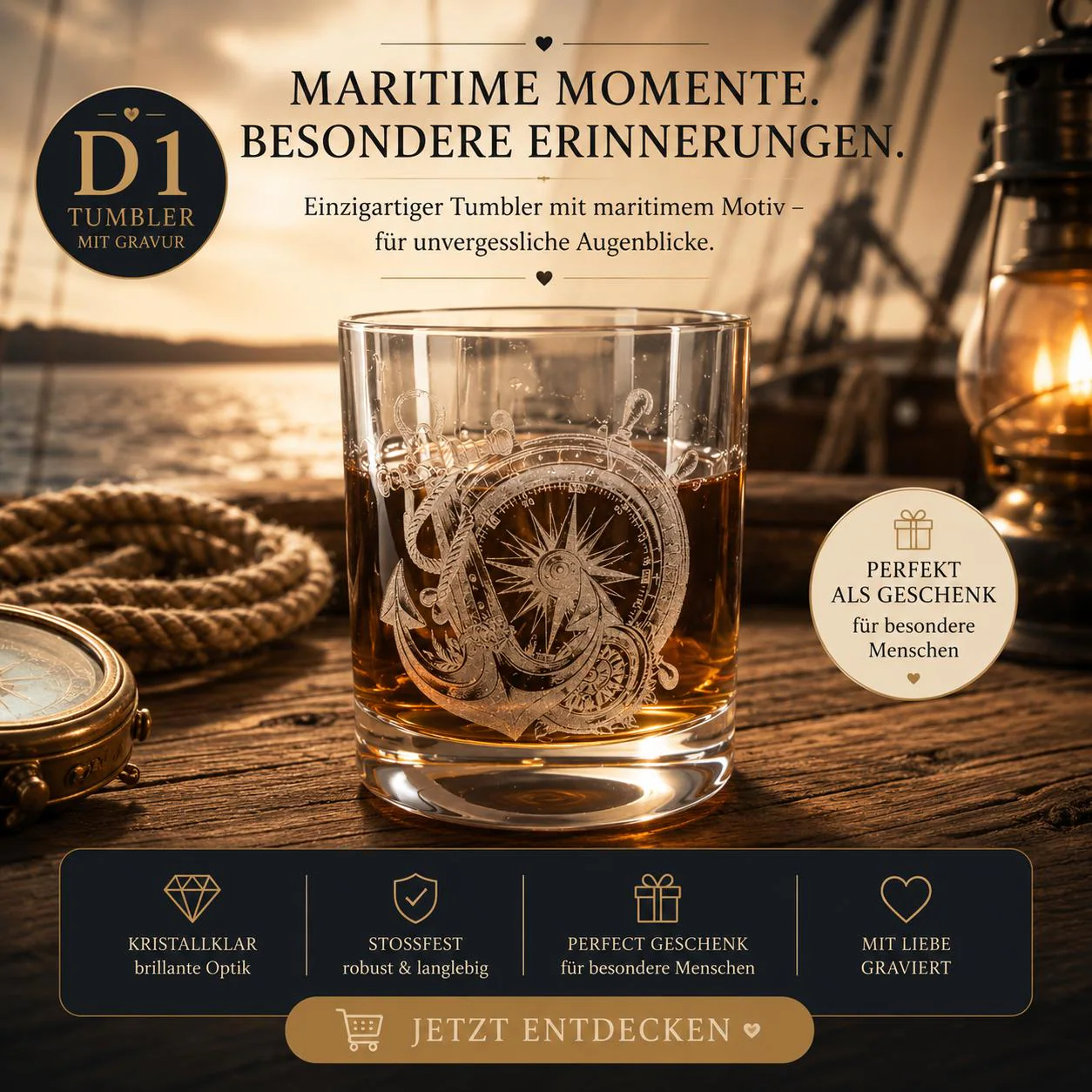 graviertes Whisky-Rum-Glas mit Anker und Kompass