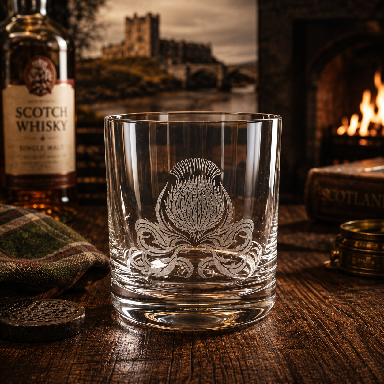 graviertes Whisky-Rum-Glas mit schottischer Distel