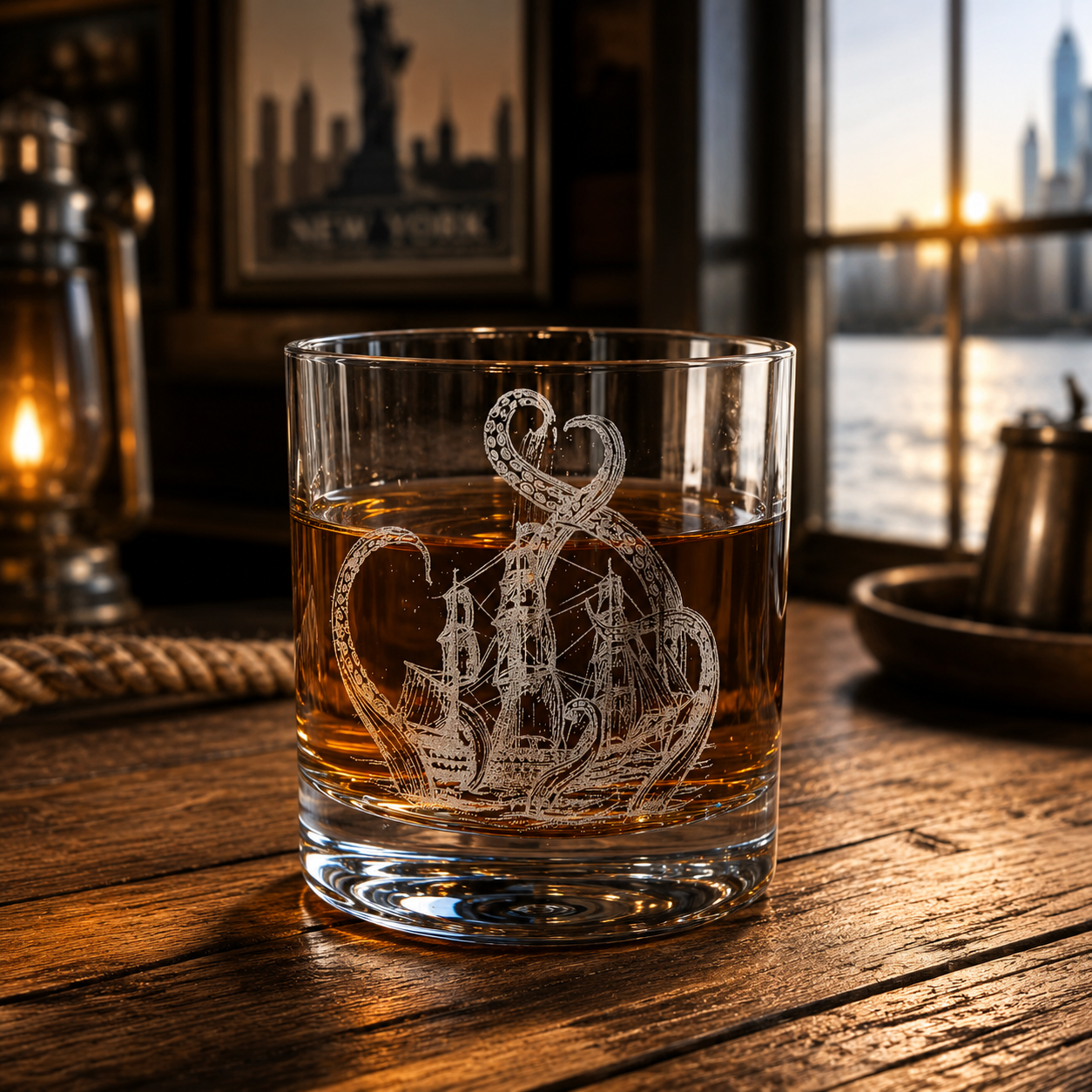 graviertes Whisky-Rum-Glas mit Krakenschiff