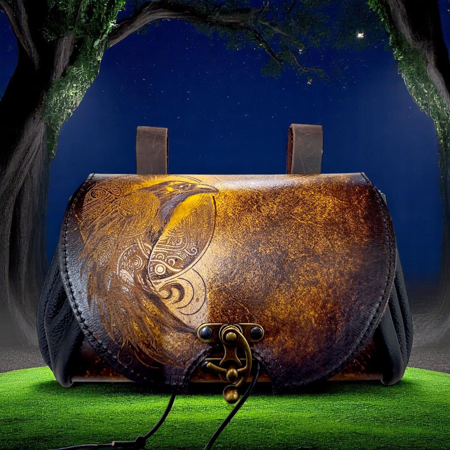 Exklusive Leder Gürteltasche mit Raben Motiv