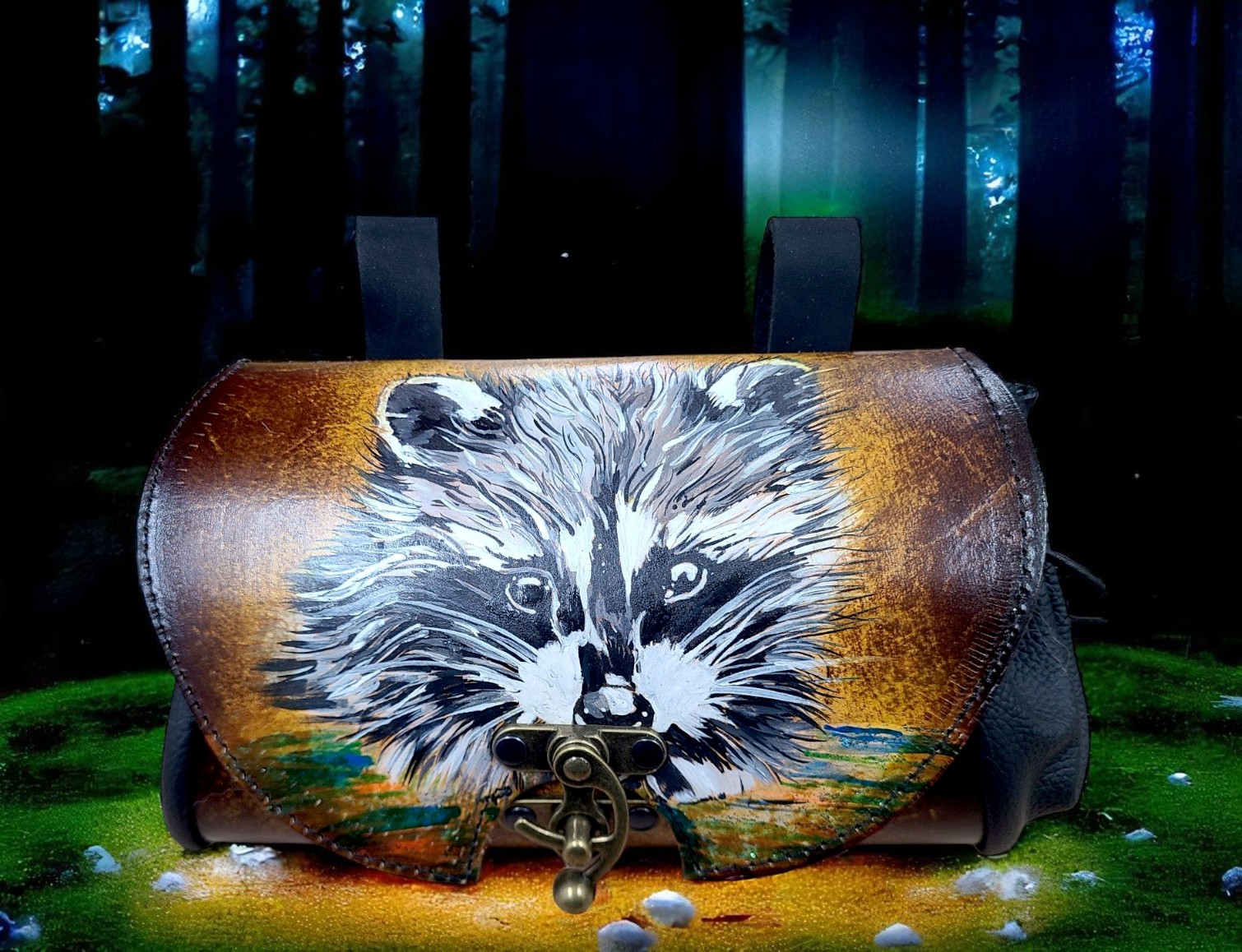 Exklusive Leder Gürteltasche mit Waschbär Motiv