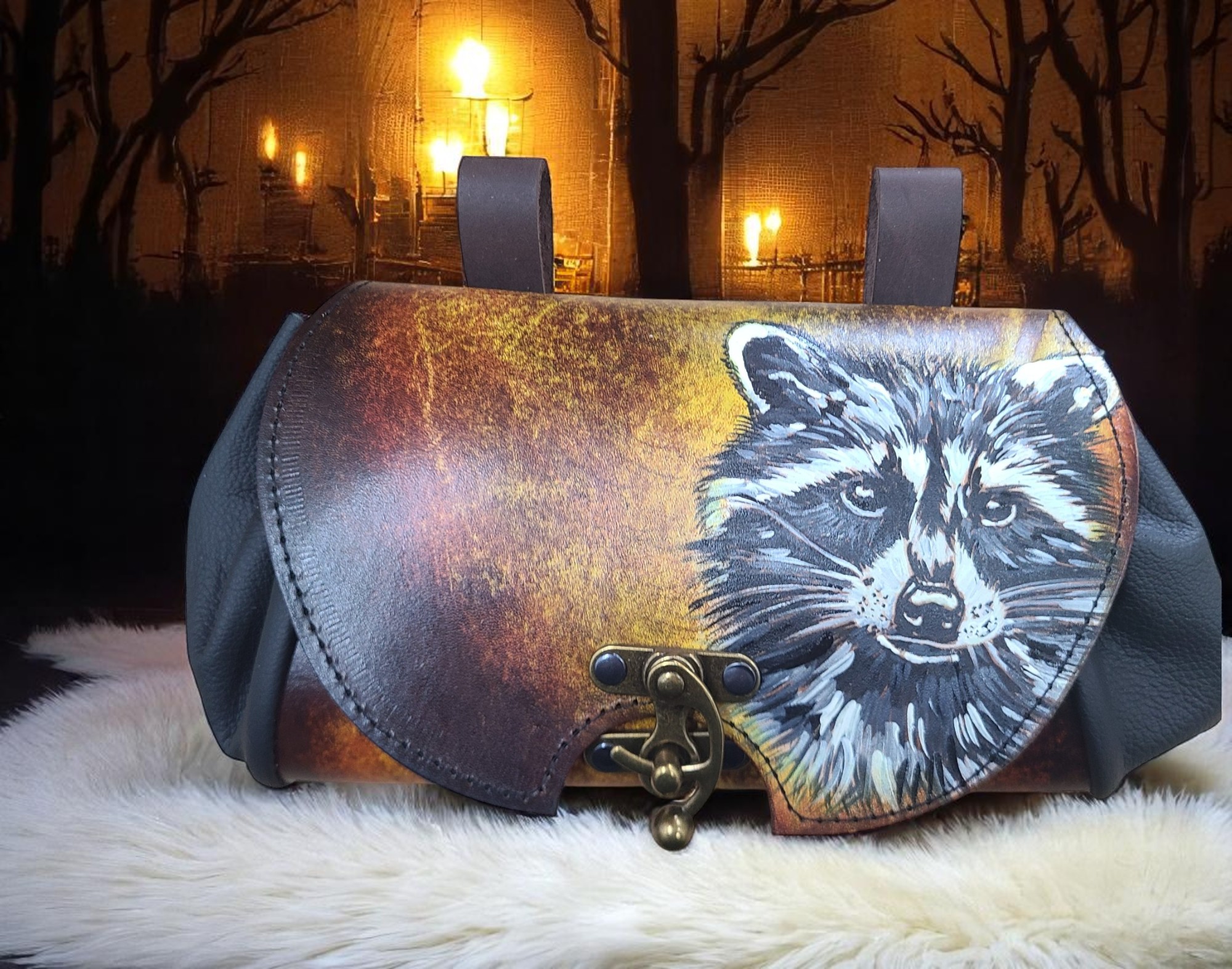 Exklusive Leder Gürteltasche Waschbär