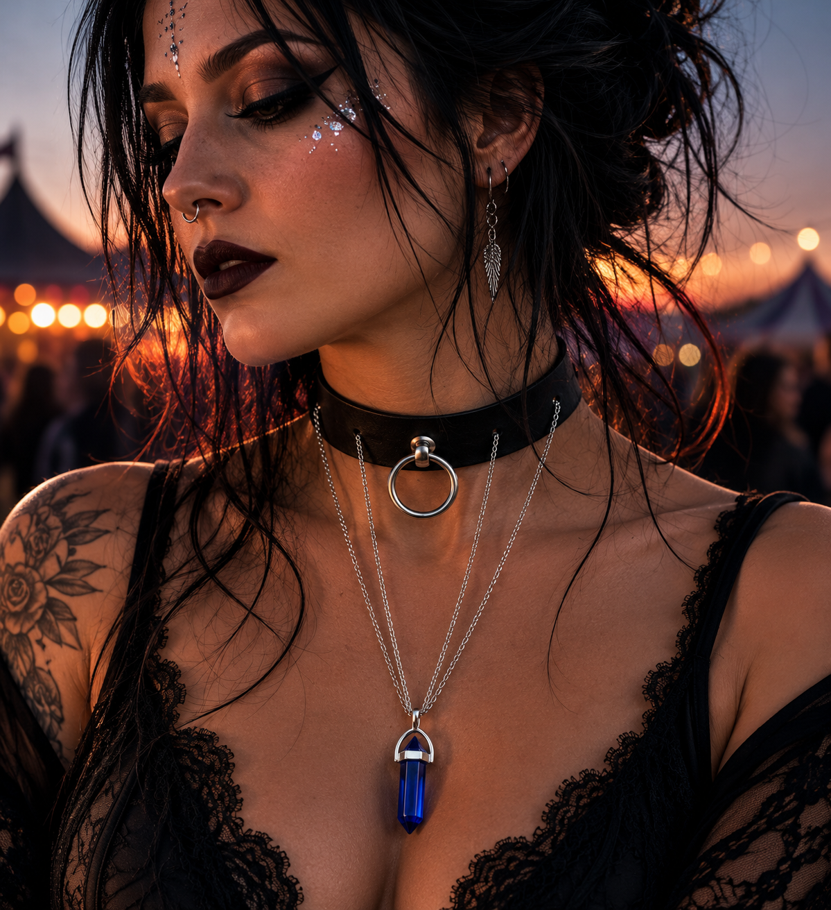 Fantasy Choker mit Kristall | Handgefertigter Leder Choker mit blauem Glaskristall