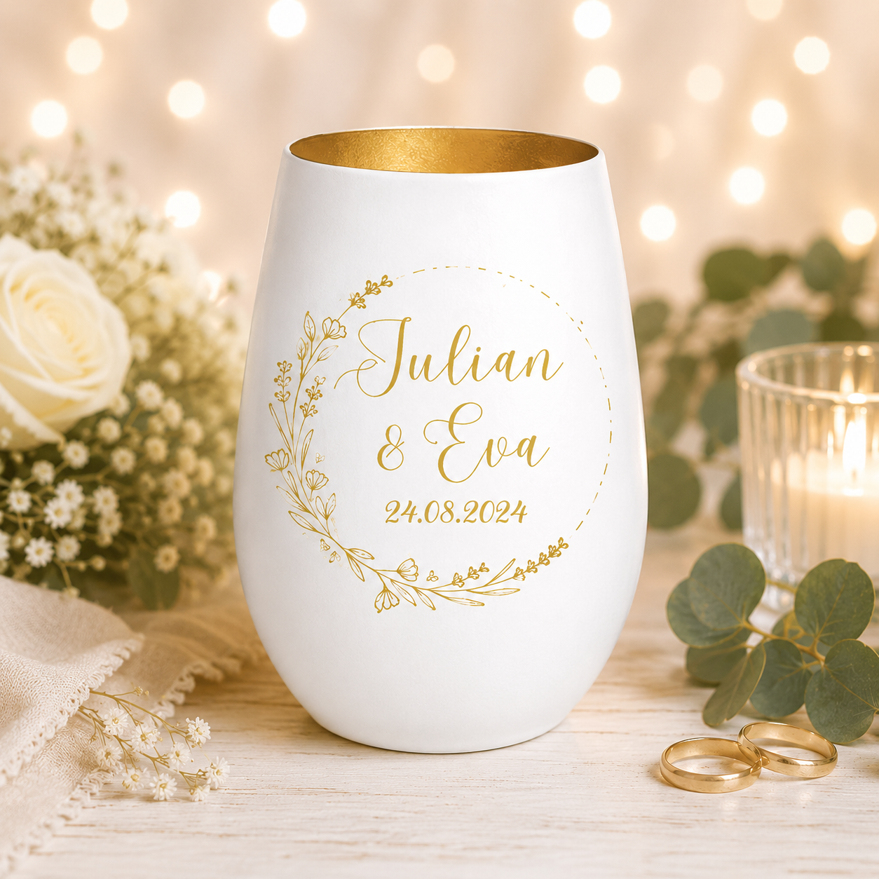 zauberhaftes personalisiertes Windlicht für Hochzeit