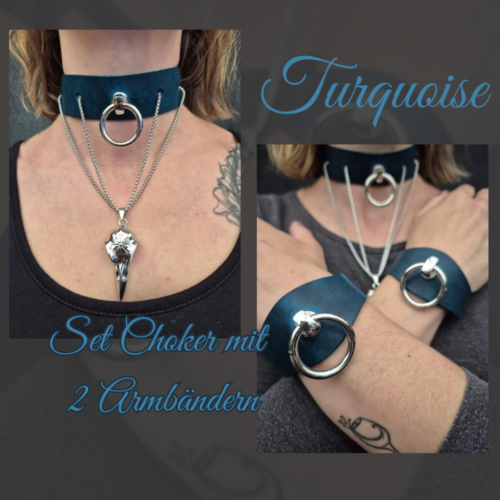 Set Choker / Halsband & 2 Armbändern aus Leder mit Rabenschädel "Turquoise Lady"