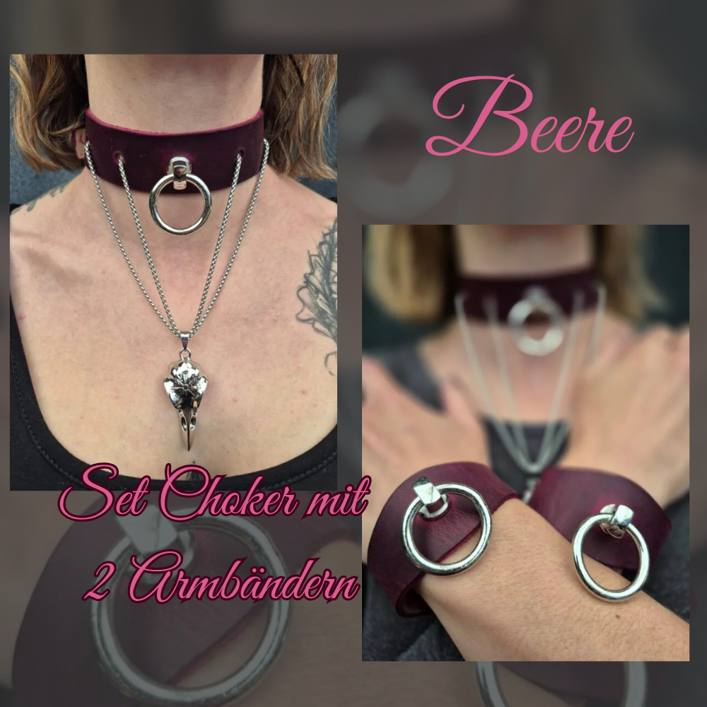 Set Leder Halsband / Choker & 2 Armbänder "Raspberry Lady"