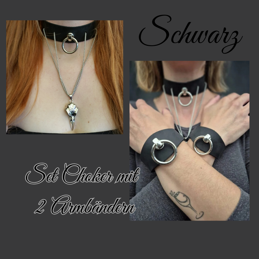 Set Choker / Halsband mit 2 Armbändern aus Leder "Black Lady"