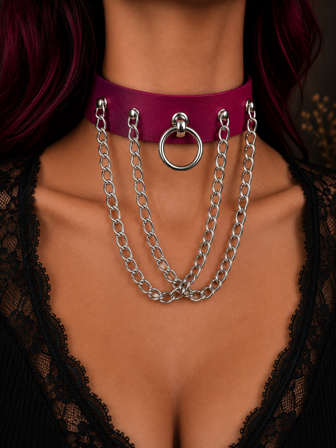 Alternative Leder Choker in Pink Rebel | Handgefertigtes Halsband mit O-Ring