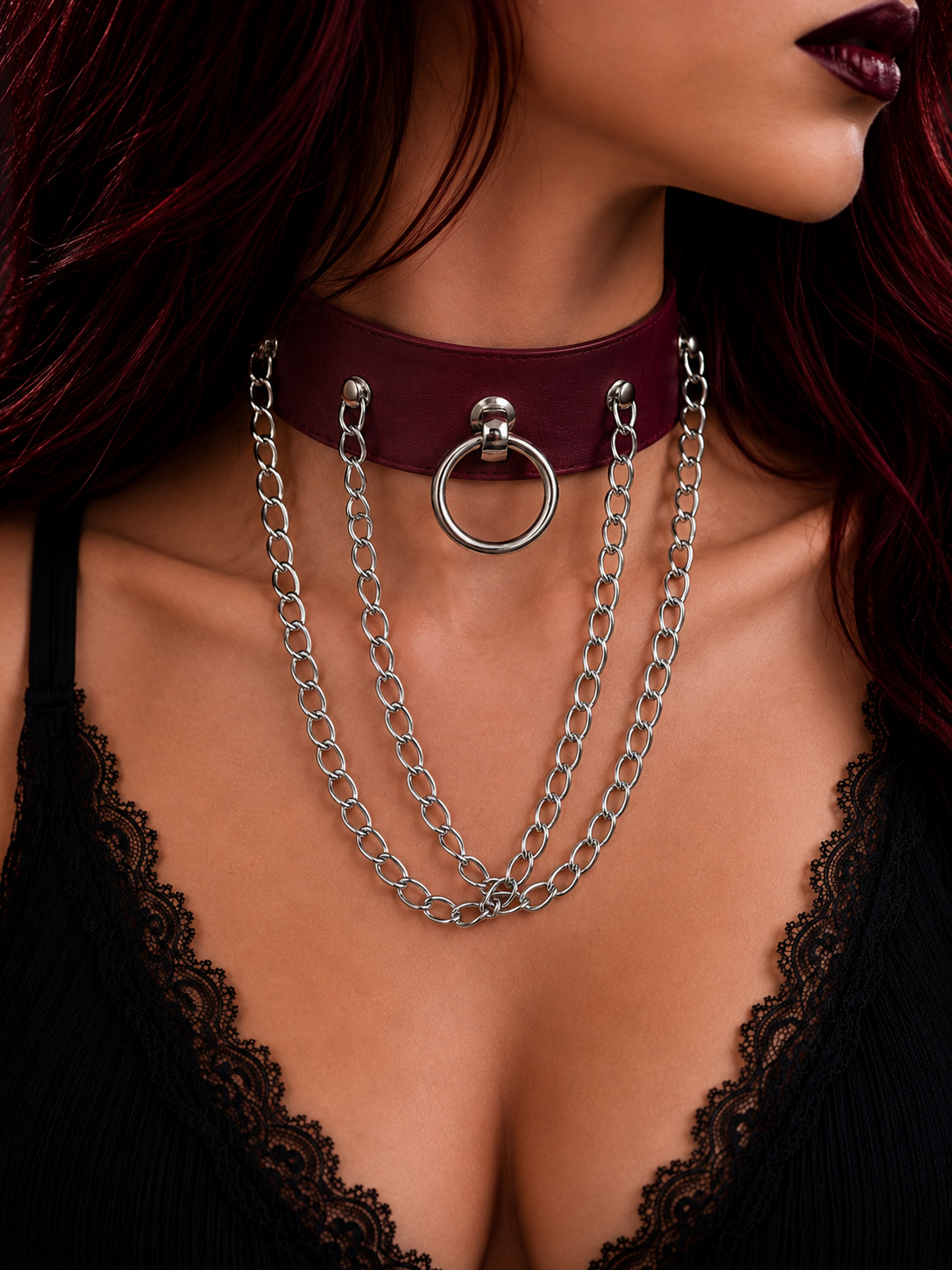 Stilvoller Echtleder-Choker für Gothic Ladys in beere