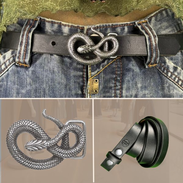 Edler schwarzer Ledergürtel mit 2,5 cm Breite und auffälliger Schlange-Schnalle