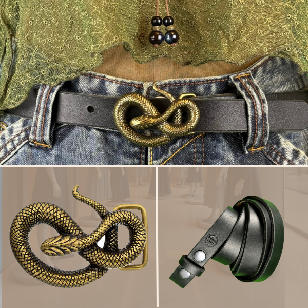 Edler schwarzer Ledergürtel mit 2,5 cm Breite und auffälliger Schlange-Schnalle oldgold