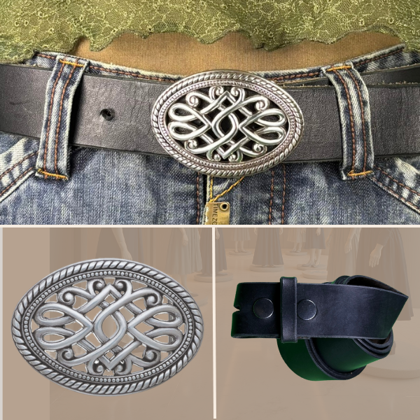 Schwarzer Ledergürtel, 4 cm, keltische Ovalschnalle aus Italien – edel & zeitlos