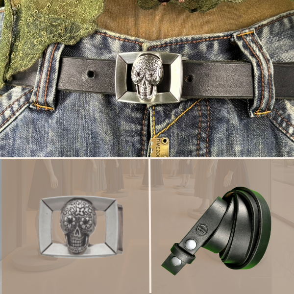 Eleganter schwarzer Vollleder-Gürtel 2,5 cm mit kleiner Totenkopf- Schnalle