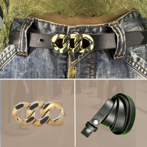 edler schwarzer  2,5 cm Damengürtel mit 3er Knoten Schnalle Farbe Gold glänzend