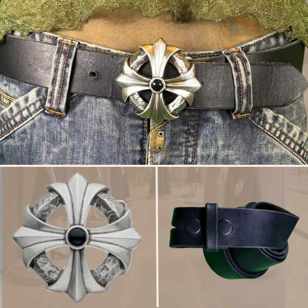 Eleganter schwarzer Vollleder-Gürtel 4 cm mit Kreuzschnalle und echtem Stein