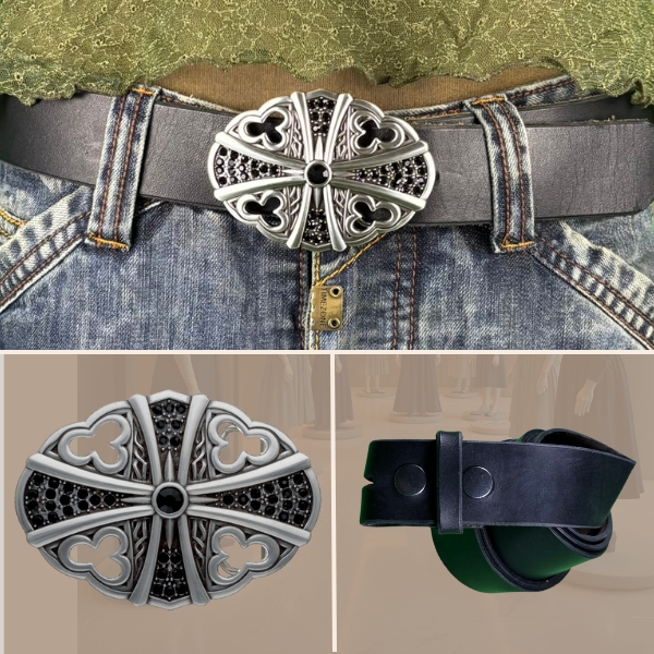 Eleganter schwarzer Vollleder-Gürtel 4 cm mit edler Oval Kreuz Schnalle mit schwarzen Strasssteinen