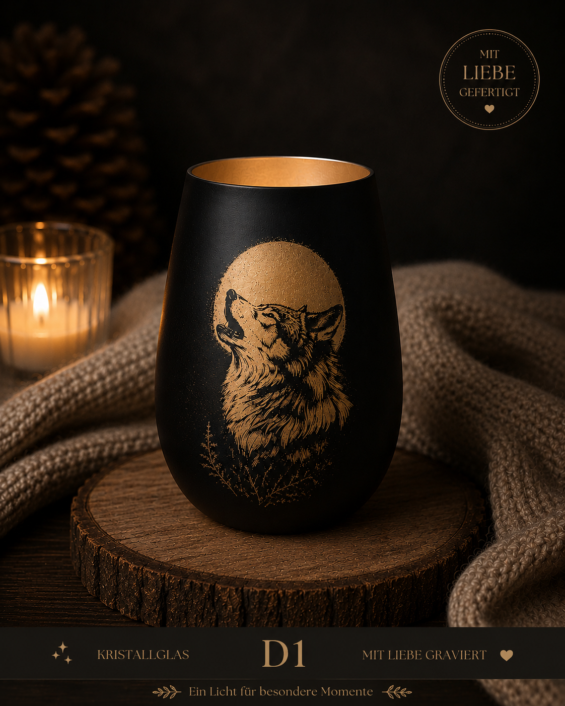 Exklusives Wolf Windlicht aus Glas – stilvolle Männerdeko