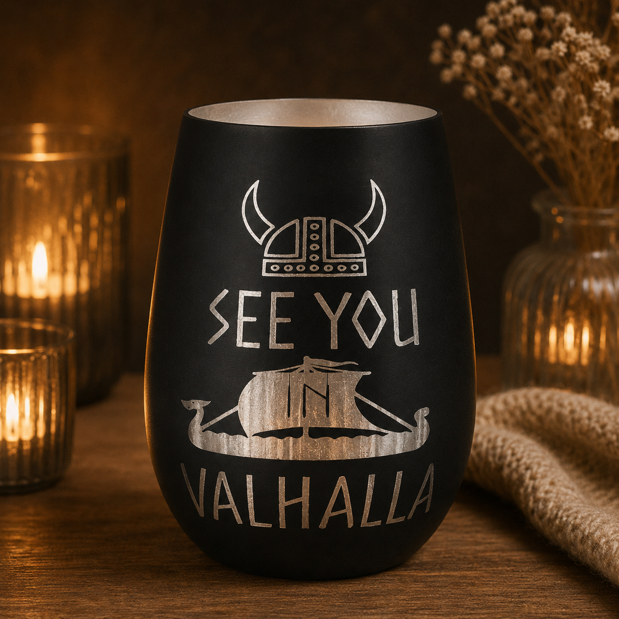 exklusives Windlicht „See You in Valhalla“ – schwarzes Kristallglas