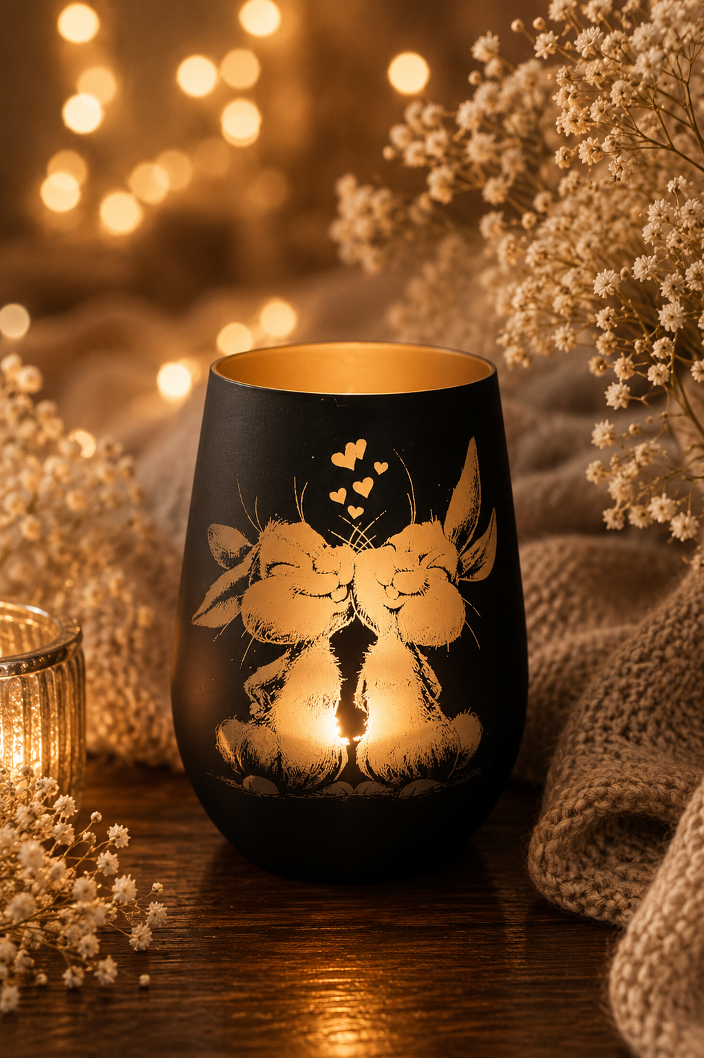 niedliches Couple Windlicht mit zwei Hasen
