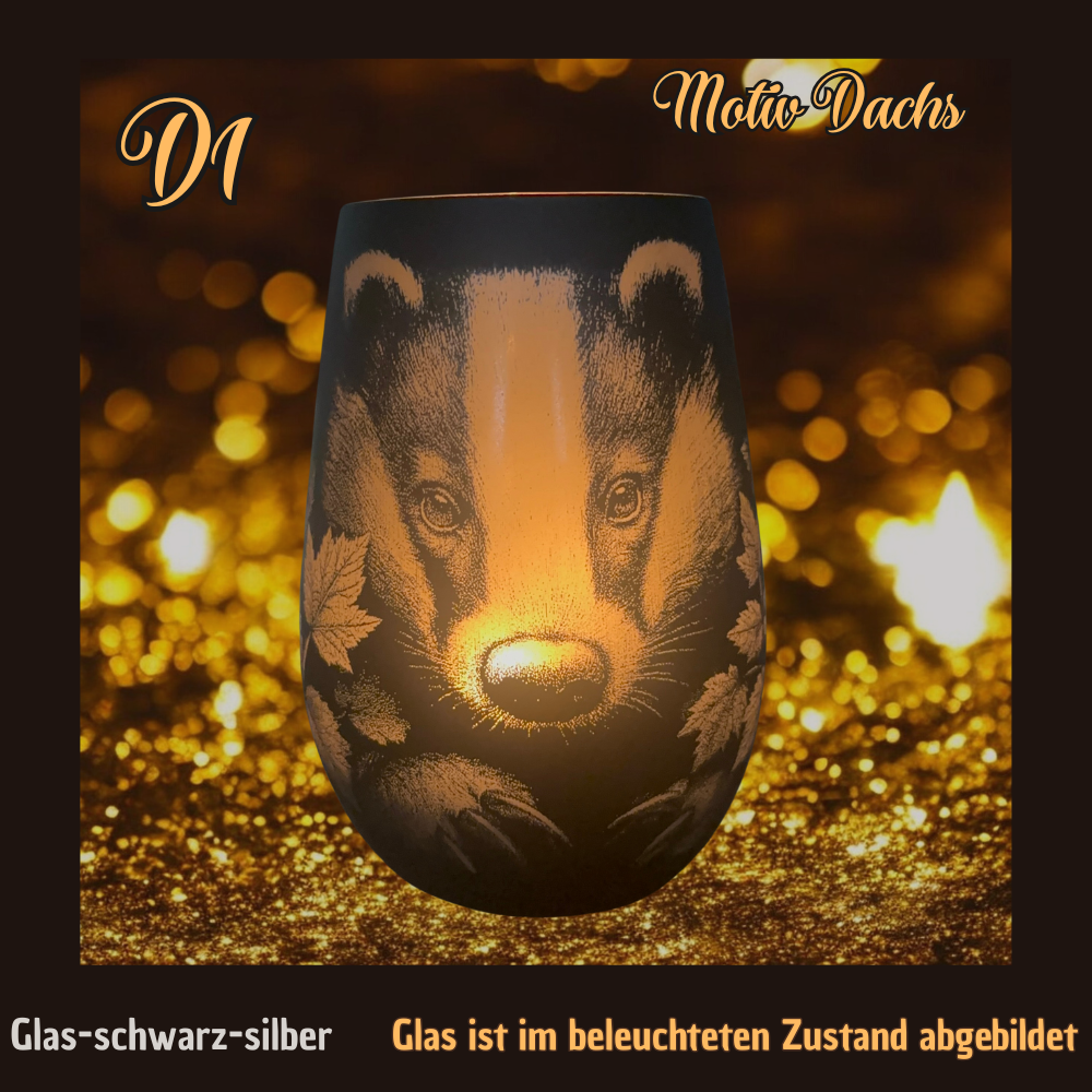 Personalisiertes Dachs Windlicht aus Kristallglas – Schwarz Silber