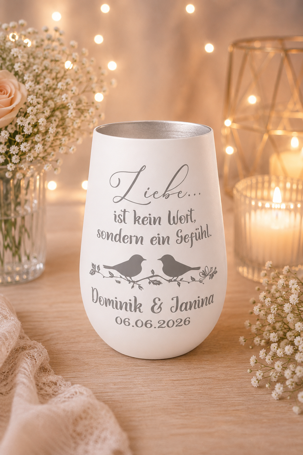 Hochzeit Windlicht exklusiv mit Wunschtext aus Kristallglas