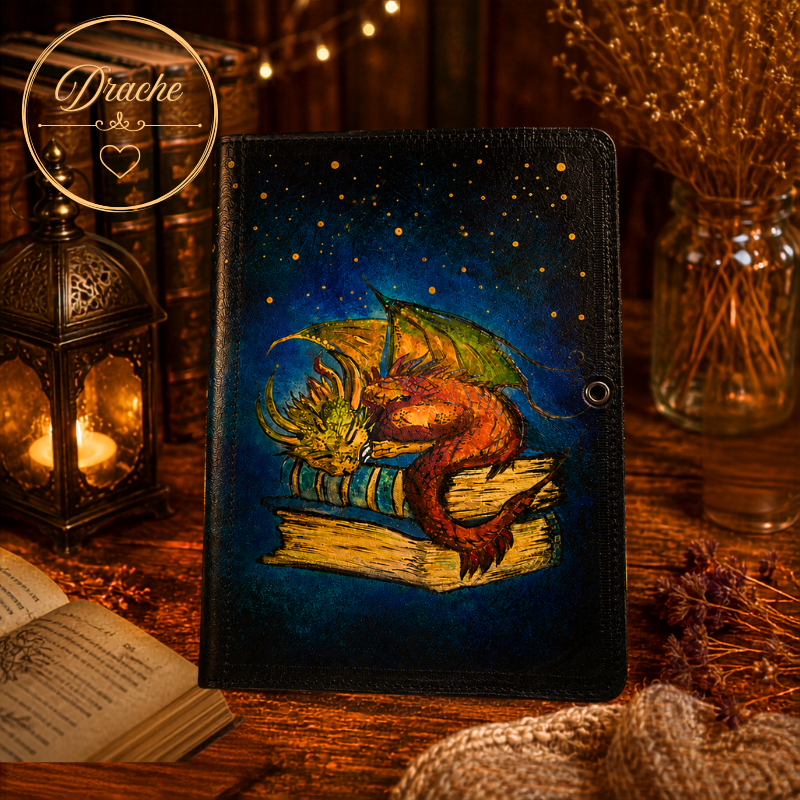 exklusive Buchhülle Drache auf Buch  Ledercover DIN A5