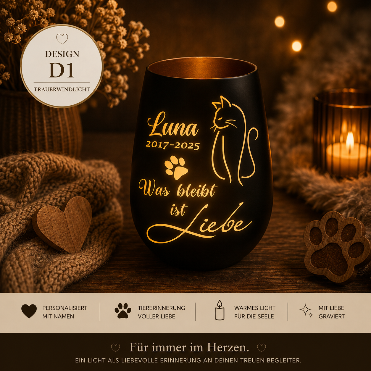 Personalisiertes leuchtendes Trauerlicht für deine Katze