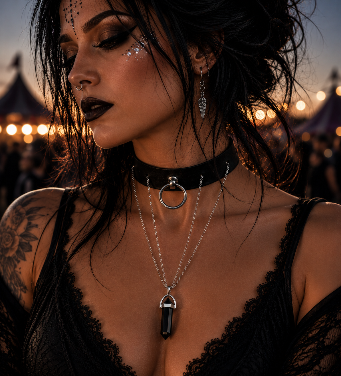 Gothic Kristall Choker | Handgefertigter Leder Choker mit schwarzem Kristall