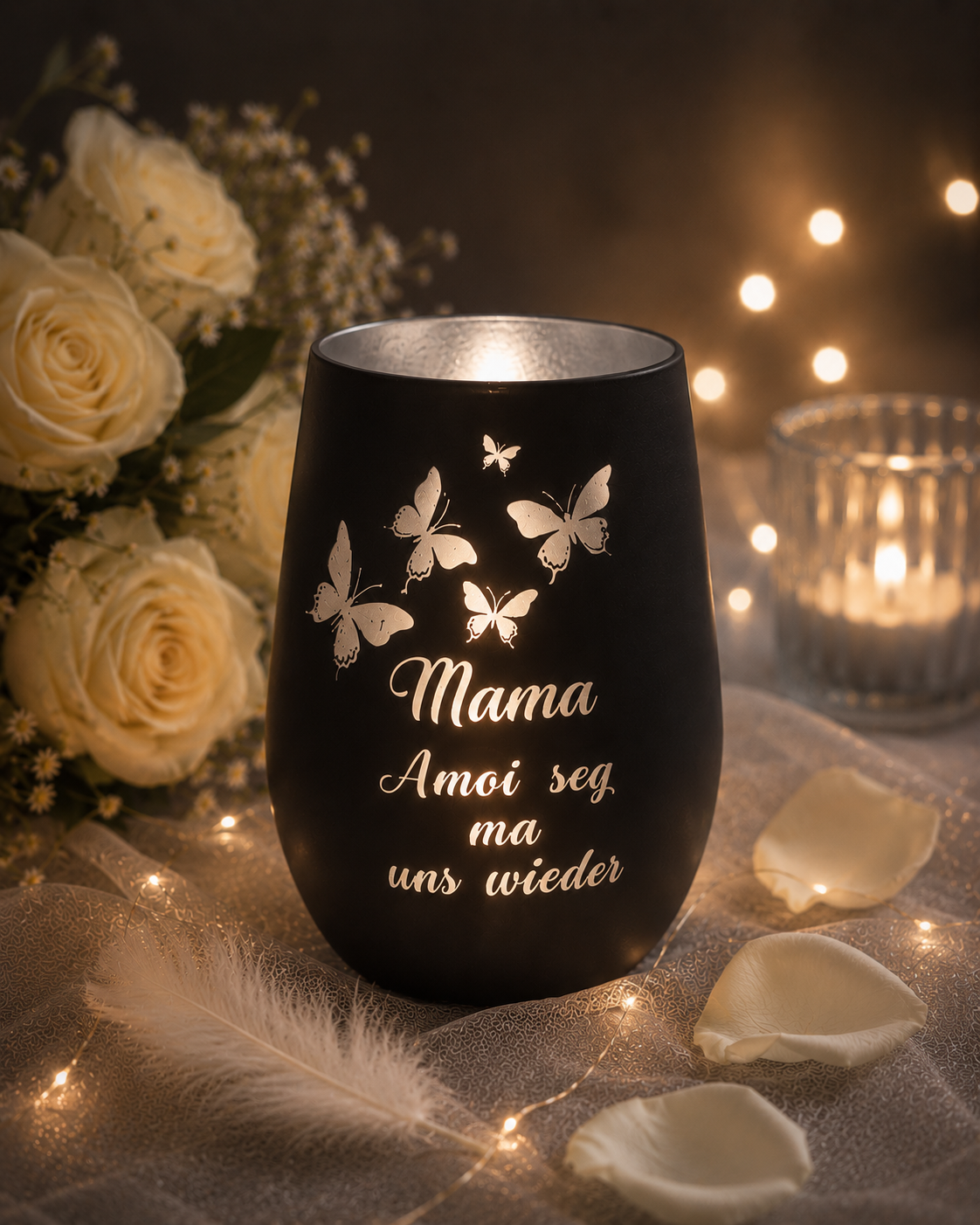 Personalisiertes Trauerlicht Schwarz Silber | Erinnerungslicht mit Name