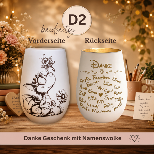 Drachen Windlicht personalisiert | Lehrer Geschenk mit Kindernamen | Kita Abschied | Namenswolke für Erzieher, Hebamme & Tagesmutter