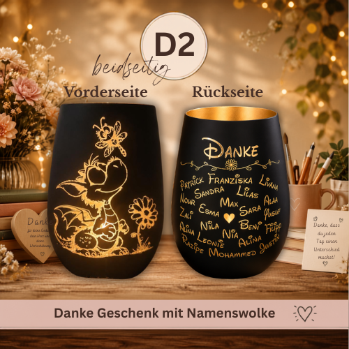 Drachen Windlicht personalisiert | Lehrer Geschenk mit Kindernamen | Kita Abschied | Namenswolke für Erzieher, Hebamme & Tagesmutter