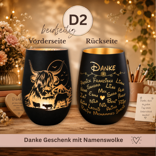 Personalisiertes Abschiedsgeschenk für Kollegen | Highland Cow Windlicht mit Namenswolke | Ruhestand Geschenk | Teamgeschenk